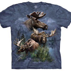 The Mountain Moose Collage Wild Elk Deer Blue Tie Dye Cotton T-Shirt Adult 4X-5X